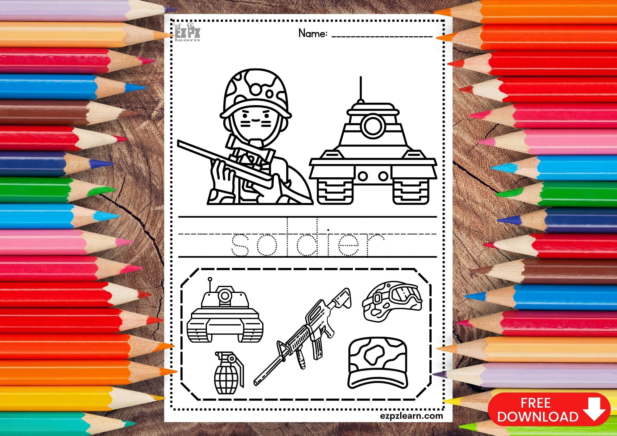 Soldier Coloring and Trace the Word Page Jobs Topic for Kids